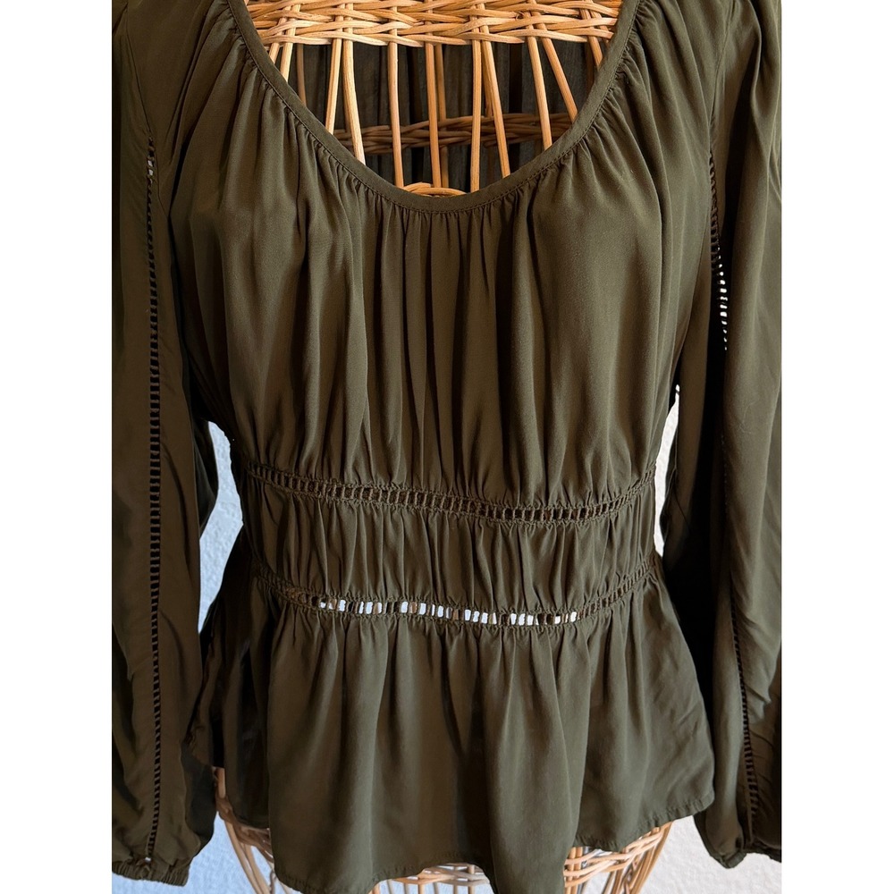Old Navy Womens M Petite Olive Green Smocked Waist Peplum Blouse Ladder Trim Top